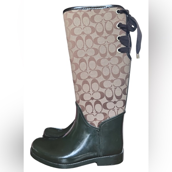 Coach Tristee Monogram Logo Print Coated Canvas Lace Up Back Tall Rain Boots 10 - Picture 7 of 15